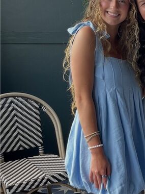 Lena Light Blue Bubble Pleated Sundress Summer and Spring Dress